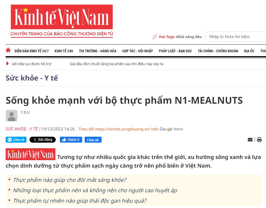 [CHUYÊN TRANG KINH TẾ VIỆT NAM CỦA BÁO CÔNG THƯƠNG] Sống khỏe mạnh với bộ thực phẩm N1-MEALNUTS