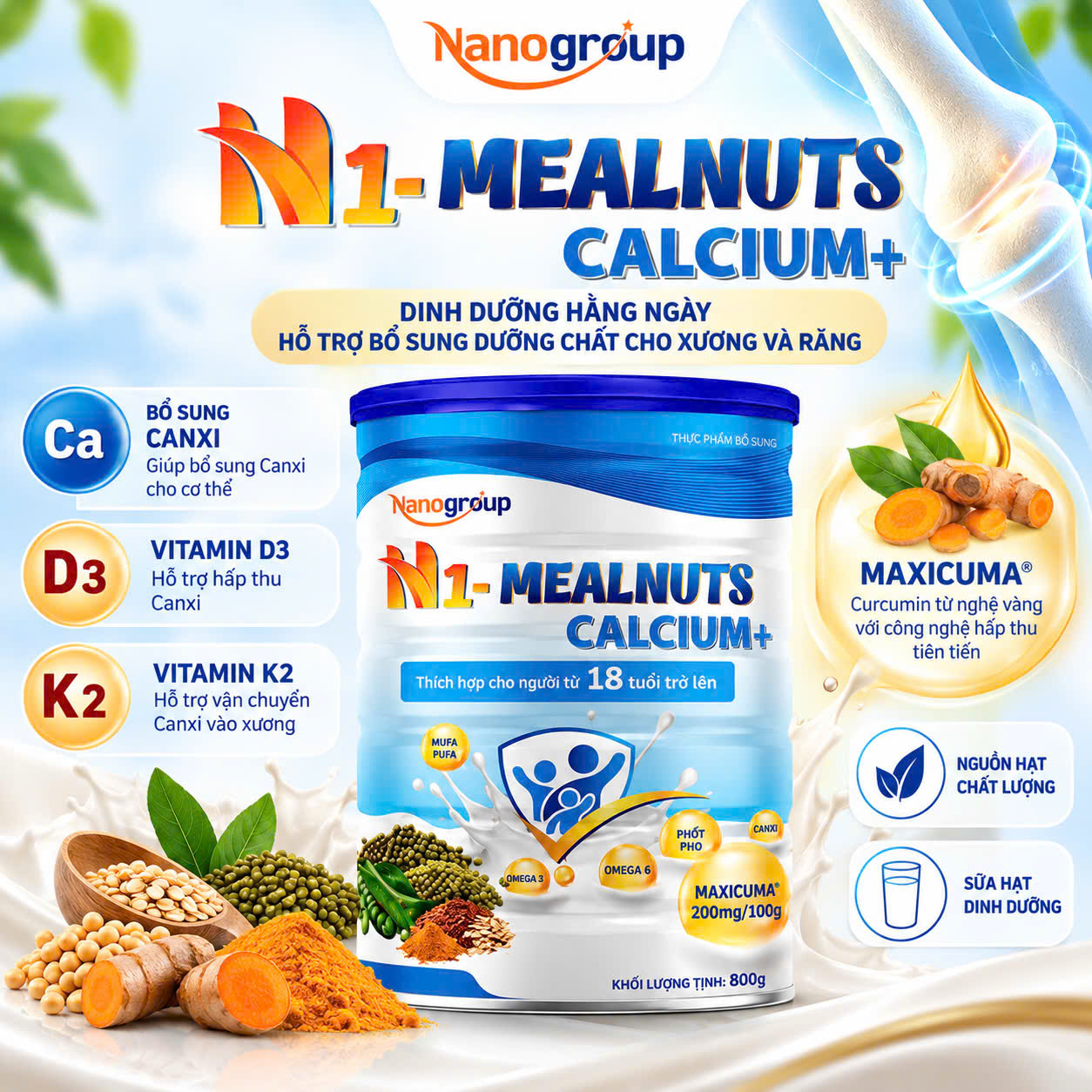 SỮA HẠT N1-MEALNUTS CALCIUM+ LON 800G